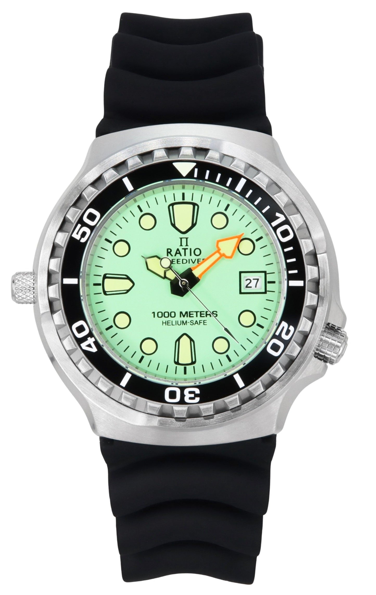 RATIO FreeDiver Quartz movement Green Male 1038EF102V-GRN-V02. A brand-new RATIO FreeDiver watch featuring a Green dial. Side view.