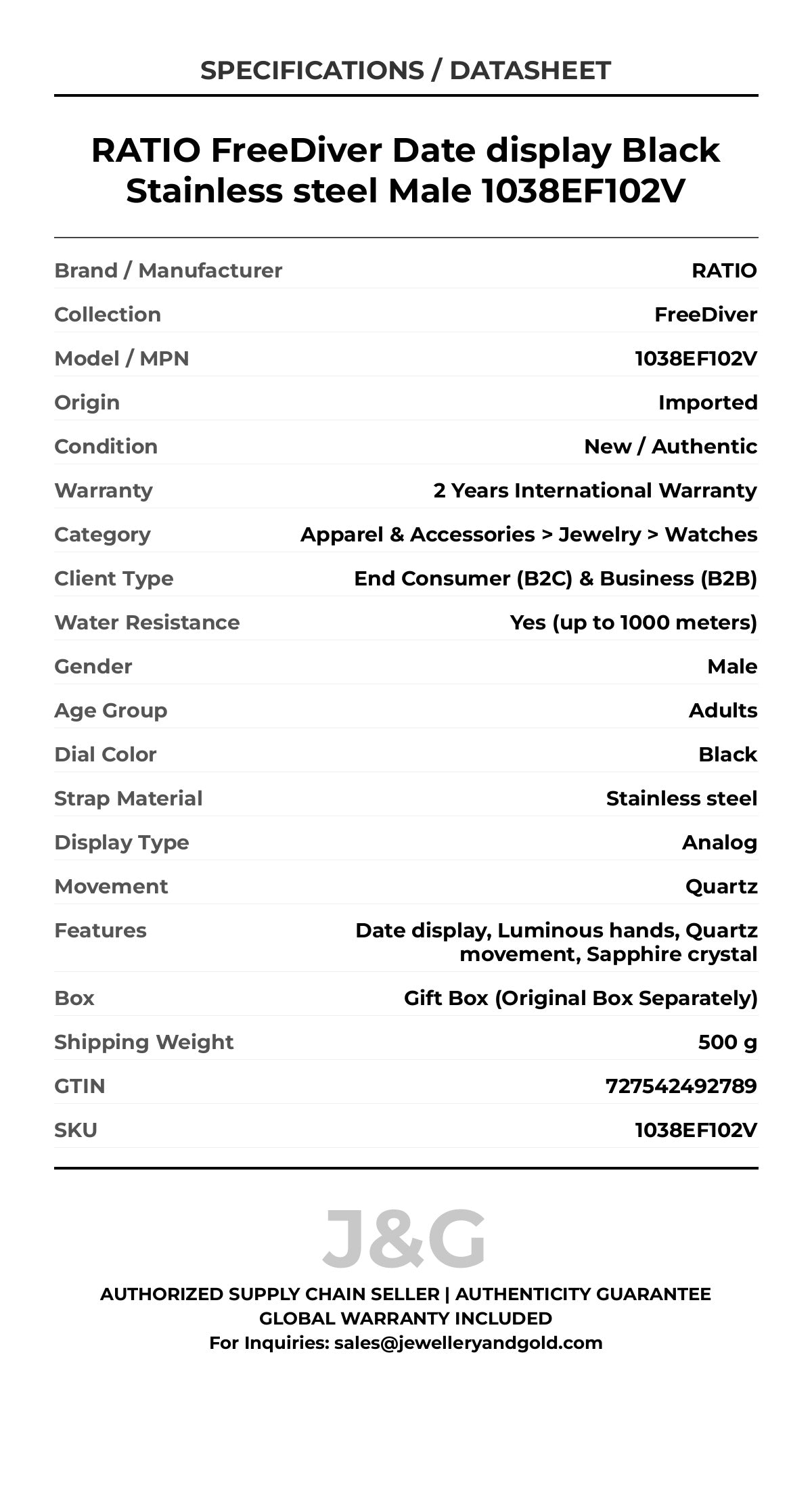 RATIO FreeDiver Date display Black Stainless steel Male 1038EF102V - Specifications