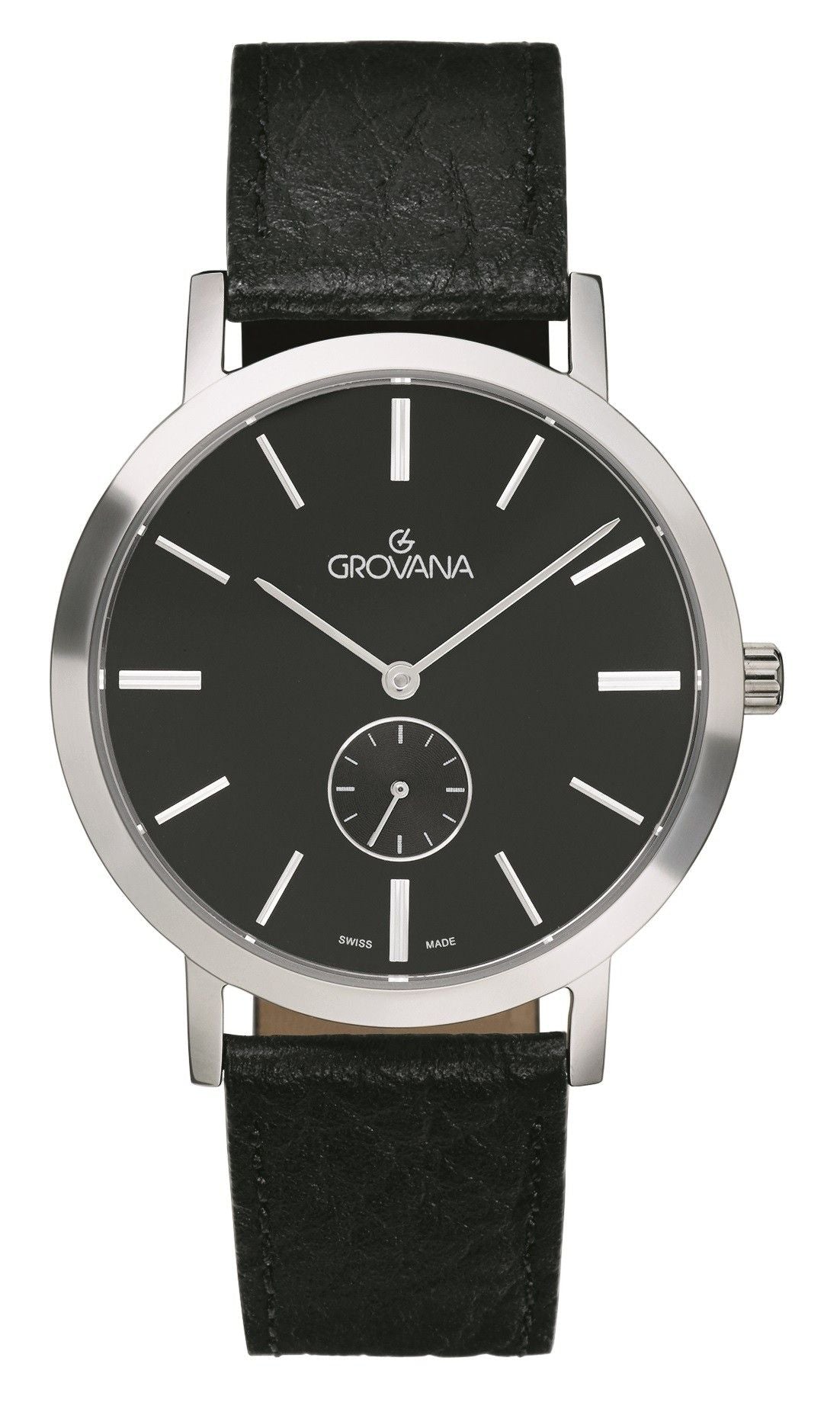 Grovana Quartz movement Black Leather Male 1050.5537.-.GW. A brand-new Grovana watch featuring a Black dial and a Leather strap. Front view.