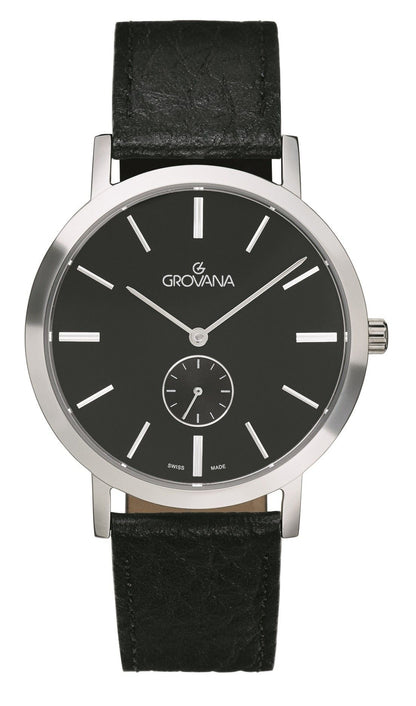 Grovana Quartz movement Black Leather Male 1050.5537.-.GW. A brand-new Grovana watch featuring a Black dial and a Leather strap. Front view.