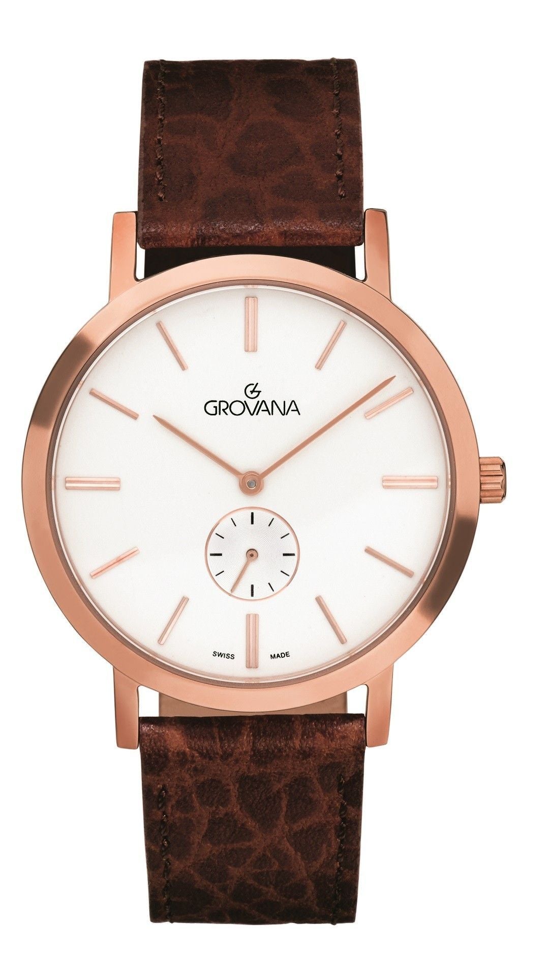 Grovana Quartz movement Silver Leather Male 1050.5562.-.GW. A brand-new Grovana watch featuring a Silver dial and a Leather strap. Side view.