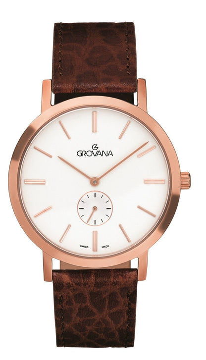 Grovana Quartz movement Silver Leather Male 1050.5562.-.GW. A brand-new Grovana watch featuring a Silver dial and a Leather strap. Side view.