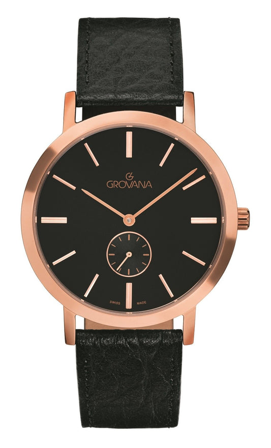 Grovana Quartz movement Black Leather Male 1050.5567.-.GW. A brand-new Grovana watch featuring a Black dial and a Leather strap. Side view.