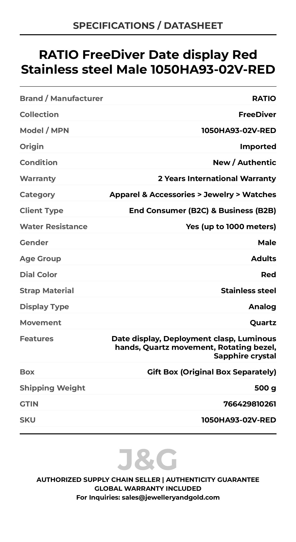 RATIO FreeDiver Date display Red Stainless steel Male 1050HA93-02V-RED - Specifications