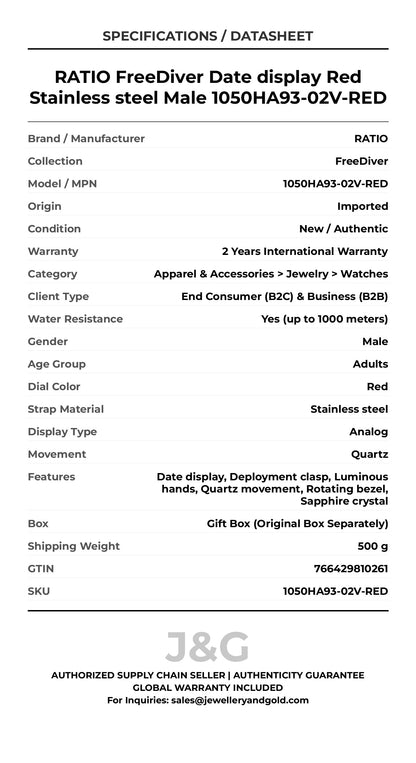 RATIO FreeDiver Date display Red Stainless steel Male 1050HA93-02V-RED - Specifications