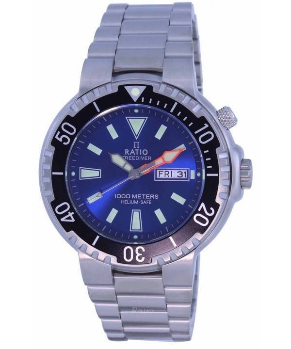 RATIO FreeDiver Date display Blue Stainless steel Male 1050HA93-12V-BLU. A brand-new RATIO FreeDiver watch featuring a Blue dial and a Stainless steel strap. Angled view.