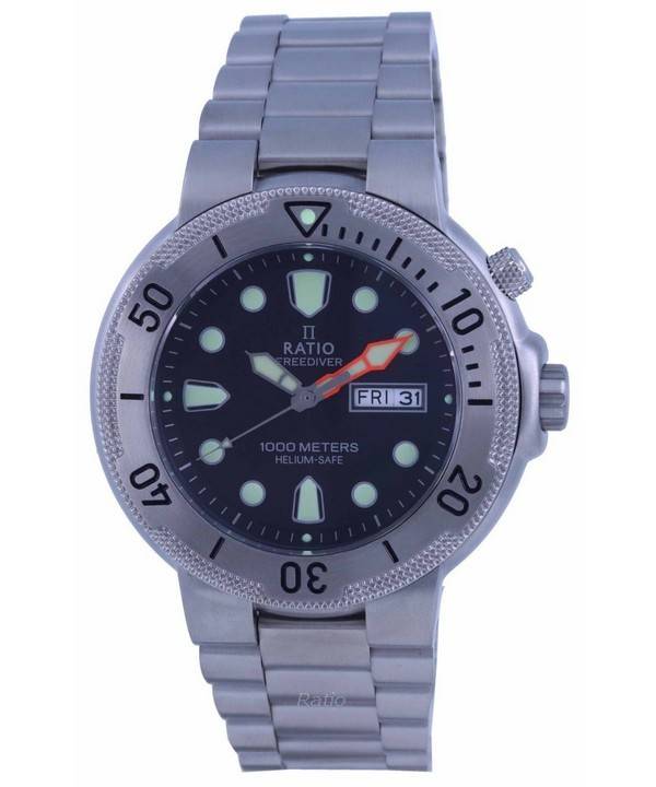 RATIO FreeDiver Date display Black Stainless steel Male 1050MD93-02V-BLK. A brand-new RATIO FreeDiver watch featuring a Black dial and a Stainless steel strap. Front view.