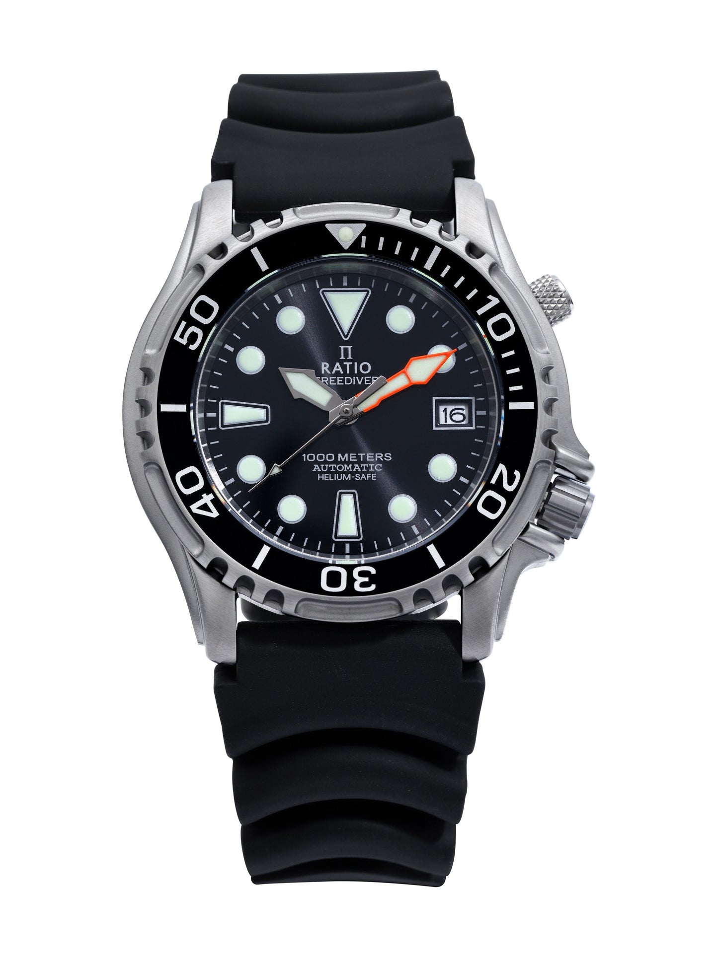 RATIO FreeDiver Automatic movement Black Stainless steel Male 1066KE20-33VA-BLK. A brand-new RATIO FreeDiver watch featuring a Black dial and a Stainless steel strap. Front view.
