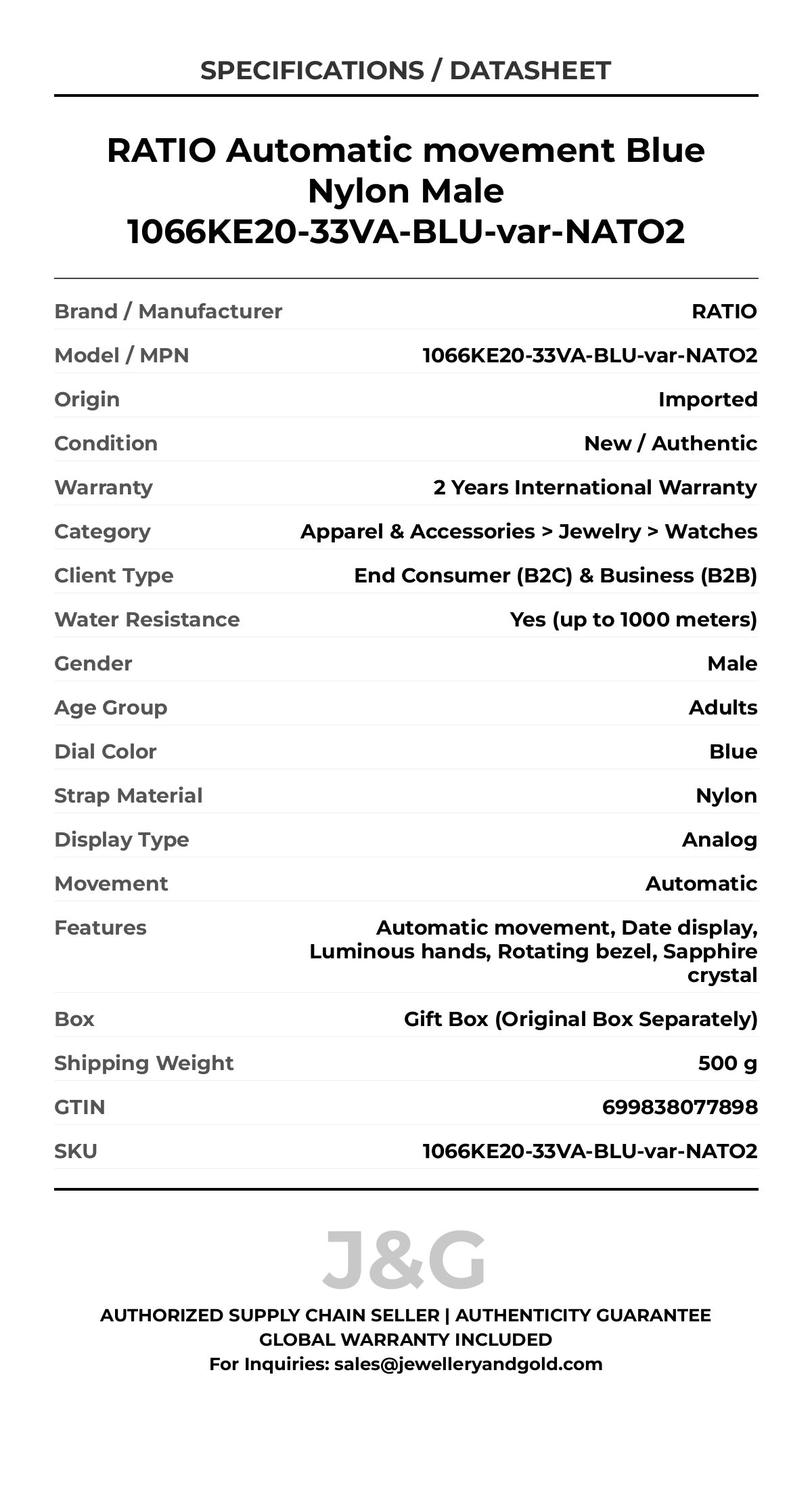 RATIO Automatic movement Blue Nylon Male 1066KE20-33VA-BLU-var-NATO2 - Specifications