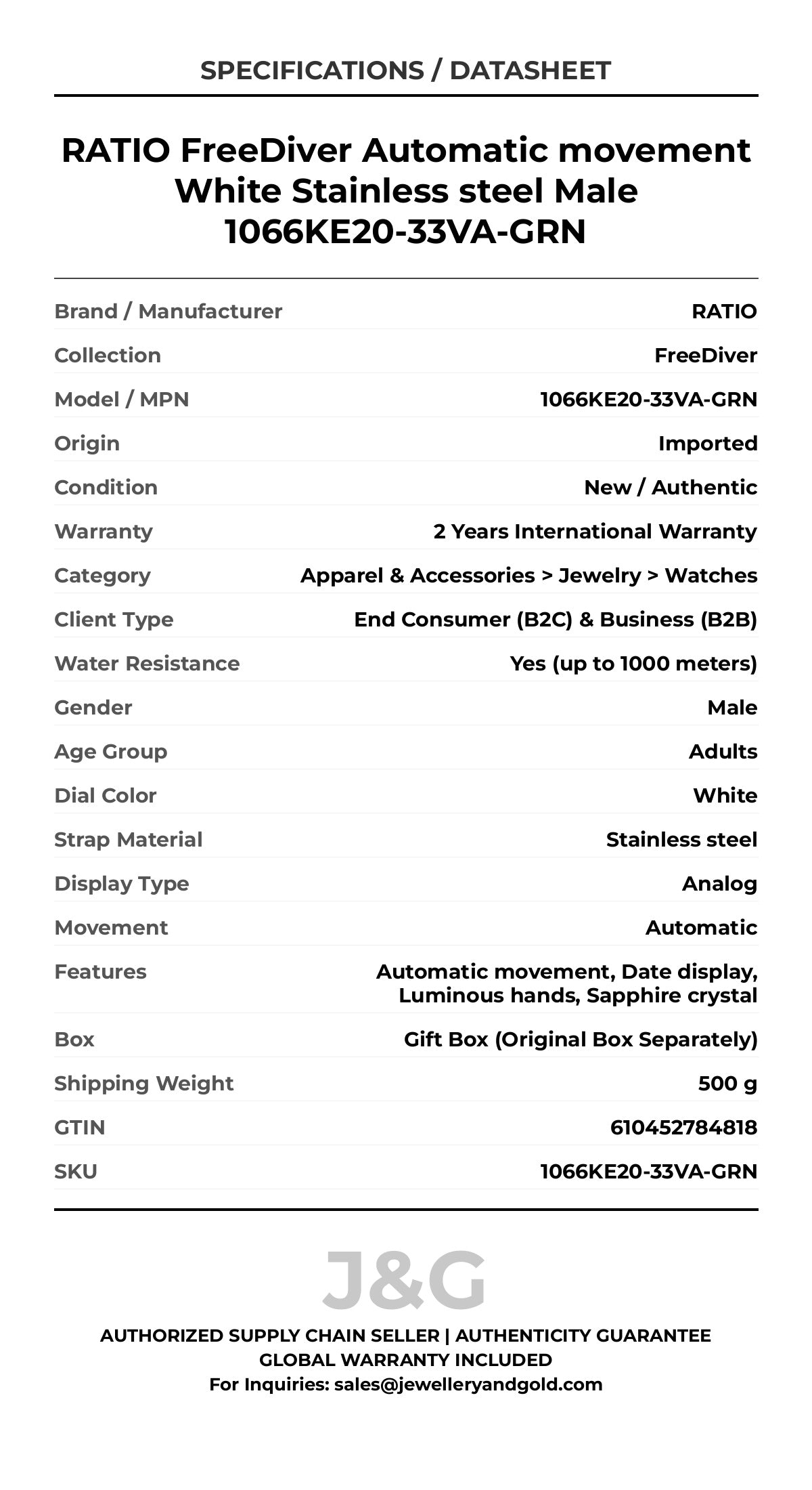 RATIO FreeDiver Automatic movement White Stainless steel Male 1066KE20-33VA-GRN - Specifications