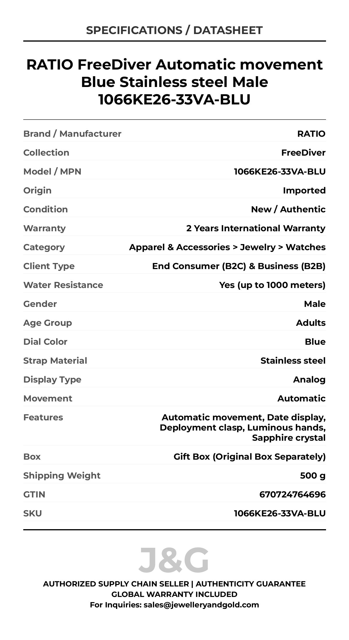 RATIO FreeDiver Automatic movement Blue Stainless steel Male 1066KE26-33VA-BLU - Specifications