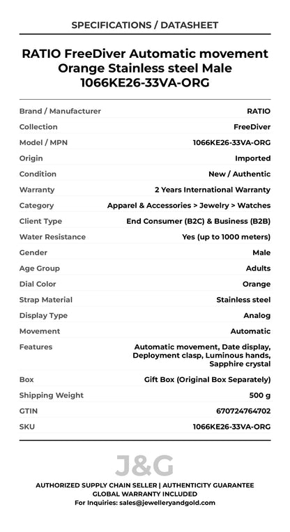 RATIO FreeDiver Automatic movement Orange Stainless steel Male 1066KE26-33VA-ORG - Specifications
