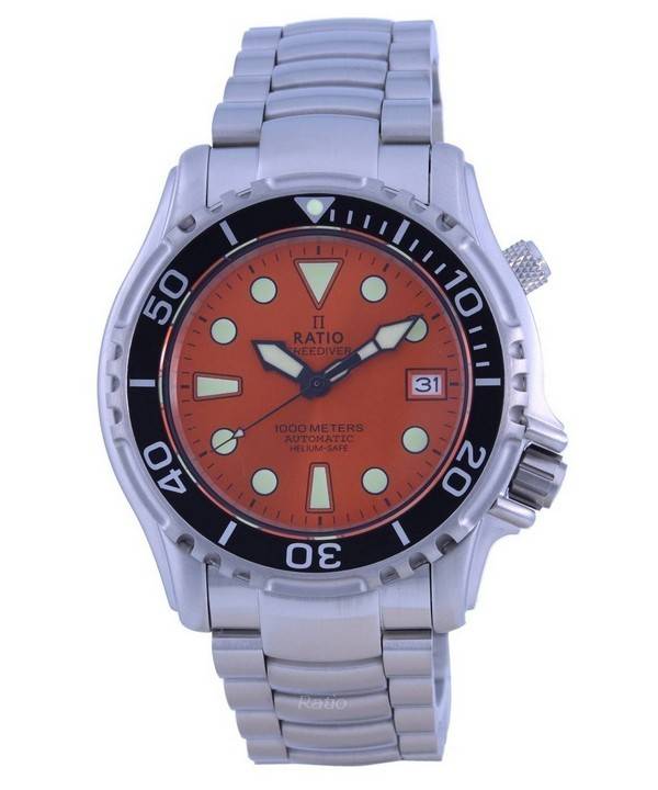 RATIO FreeDiver Automatic movement Orange Stainless steel Male 1066KE26-33VA-ORG. A brand-new RATIO FreeDiver watch featuring a Orange dial and a Stainless steel strap. Side view.