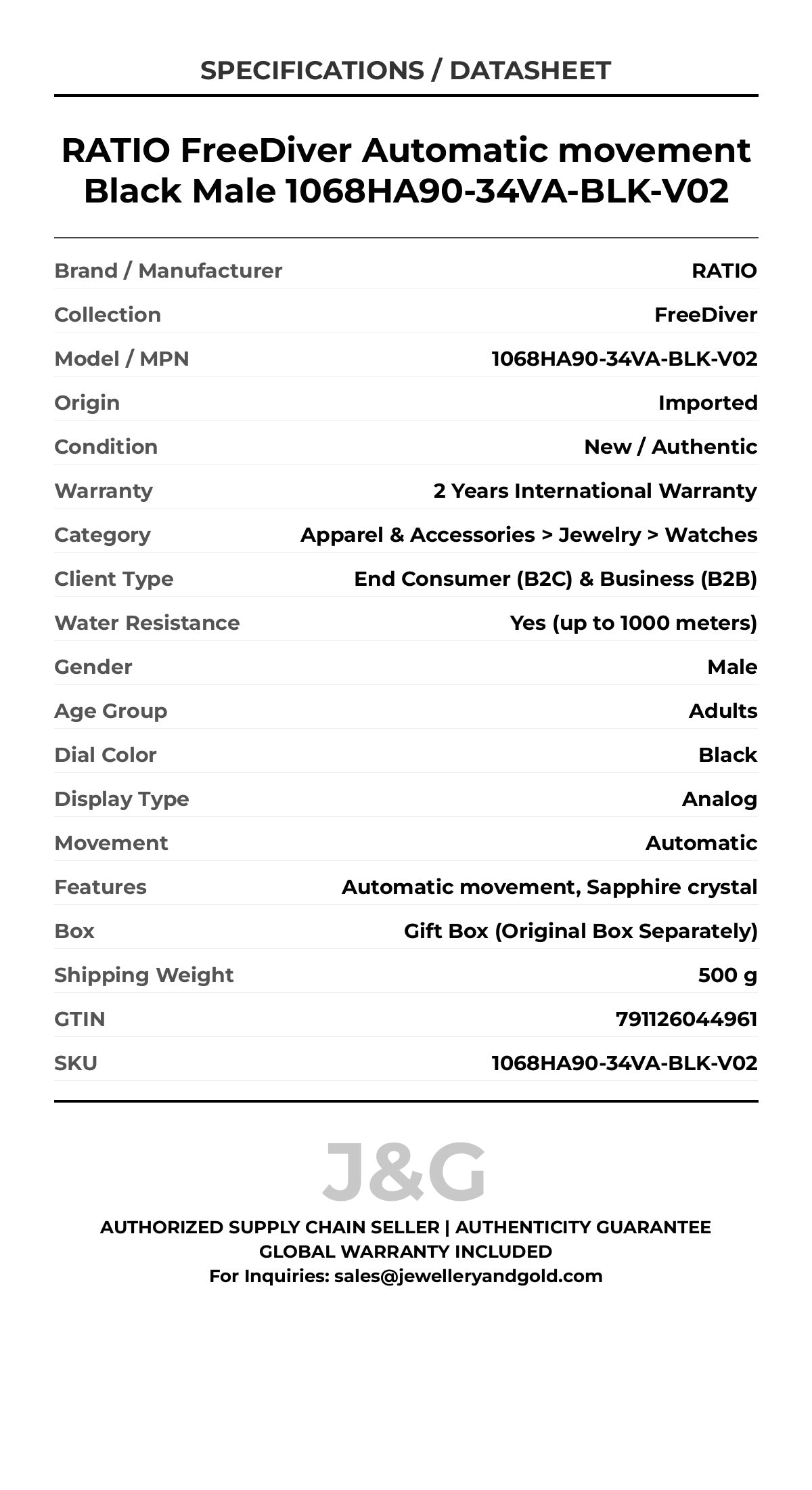 RATIO FreeDiver Automatic movement Black Male 1068HA90-34VA-BLK-V02 - Specifications