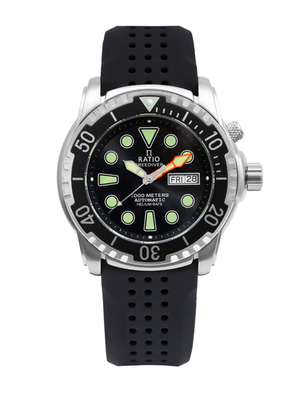 RATIO FreeDiver Automatic movement Black Male 1068HA90-34VA-BLK-V02. A brand-new RATIO FreeDiver watch featuring a Black dial. Angled view.