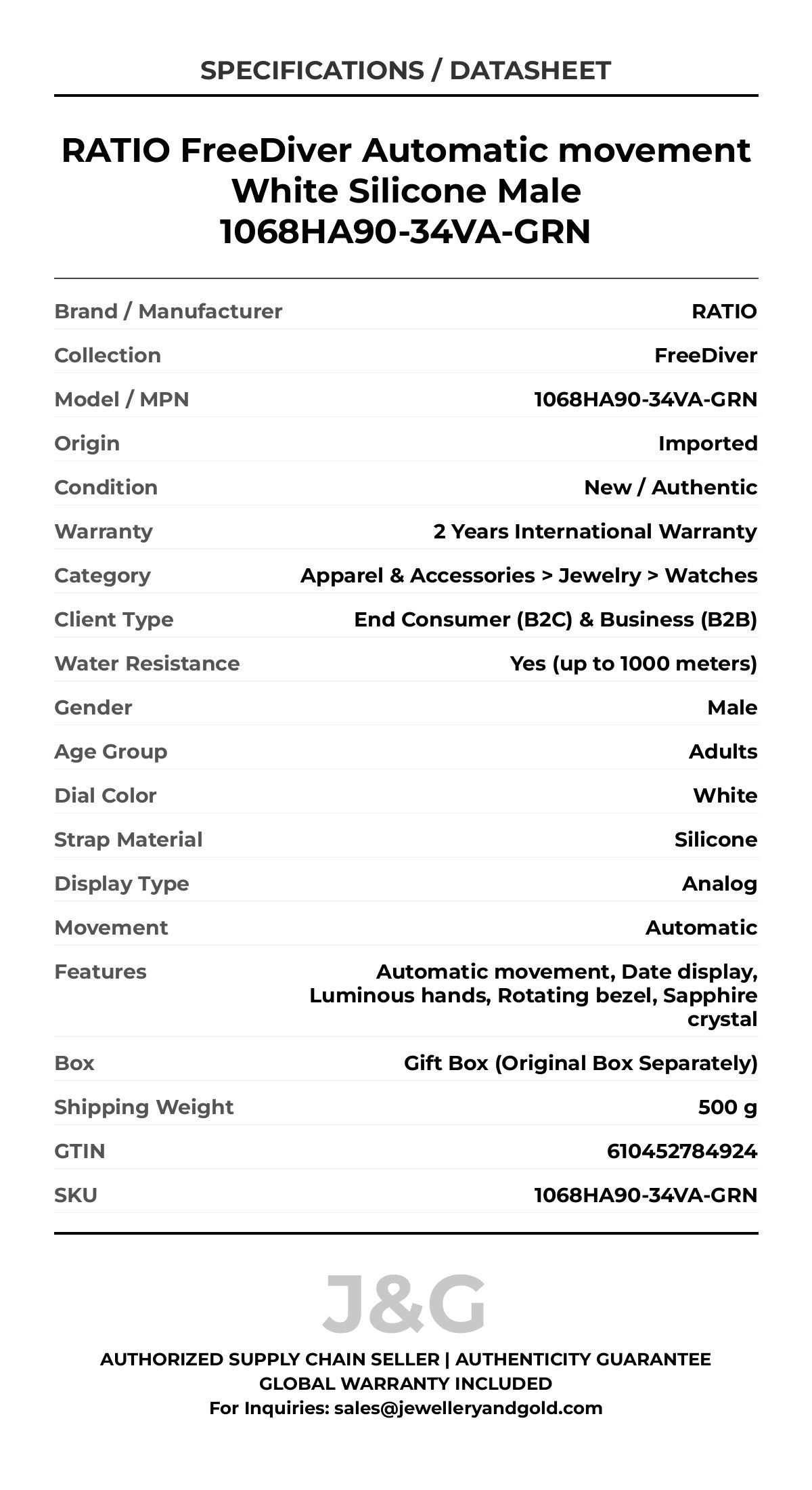RATIO FreeDiver Automatic movement White Silicone Male 1068HA90-34VA-GRN - Specifications