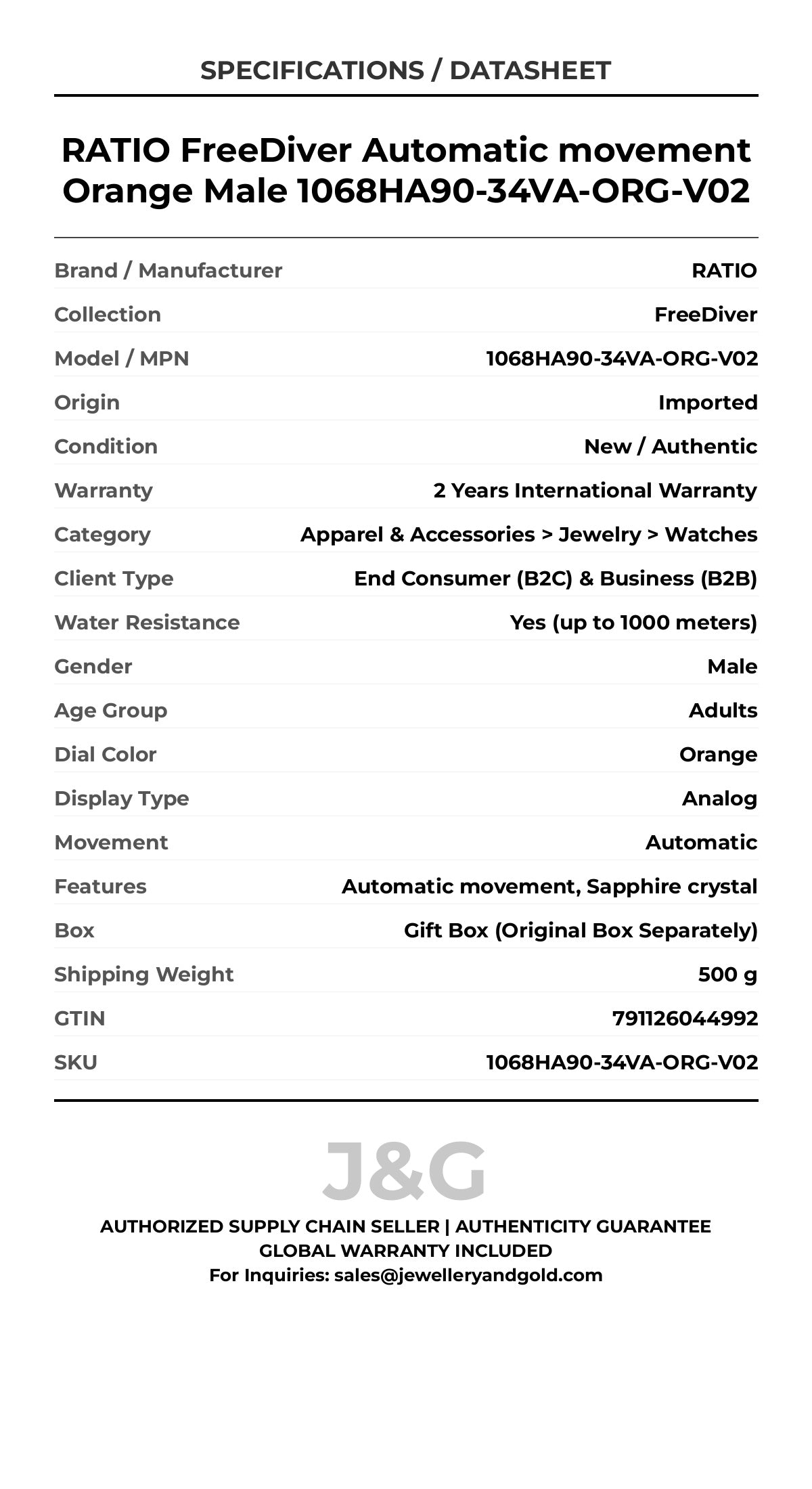 RATIO FreeDiver Automatic movement Orange Male 1068HA90-34VA-ORG-V02 - Specifications