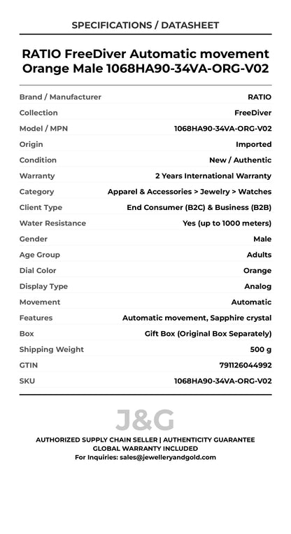 RATIO FreeDiver Automatic movement Orange Male 1068HA90-34VA-ORG-V02 - Specifications