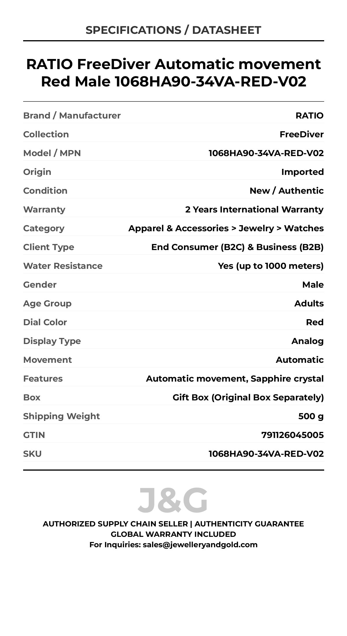 RATIO FreeDiver Automatic movement Red Male 1068HA90-34VA-RED-V02 - Specifications