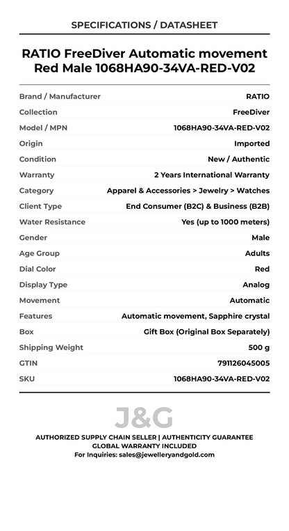 RATIO FreeDiver Automatic movement Red Male 1068HA90-34VA-RED-V02 - Specifications
