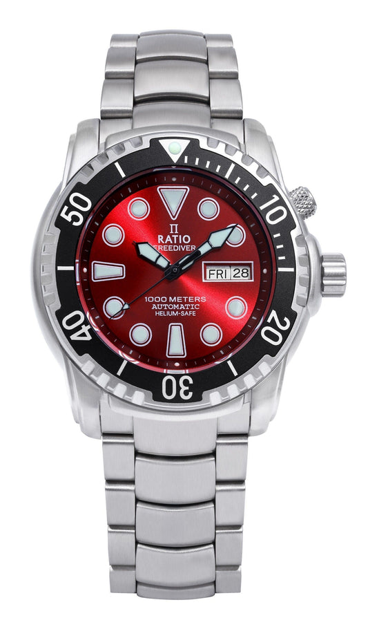 RATIO FreeDiver Automatic movement White Stainless steel Male 1068HA96-34VA-RED. A brand-new RATIO FreeDiver watch featuring a White dial and a Stainless steel strap. Side view.