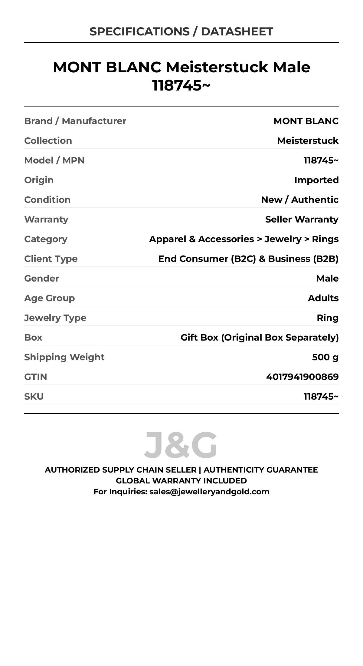 MONT BLANC Meisterstuck Male 118745~ - Specifications