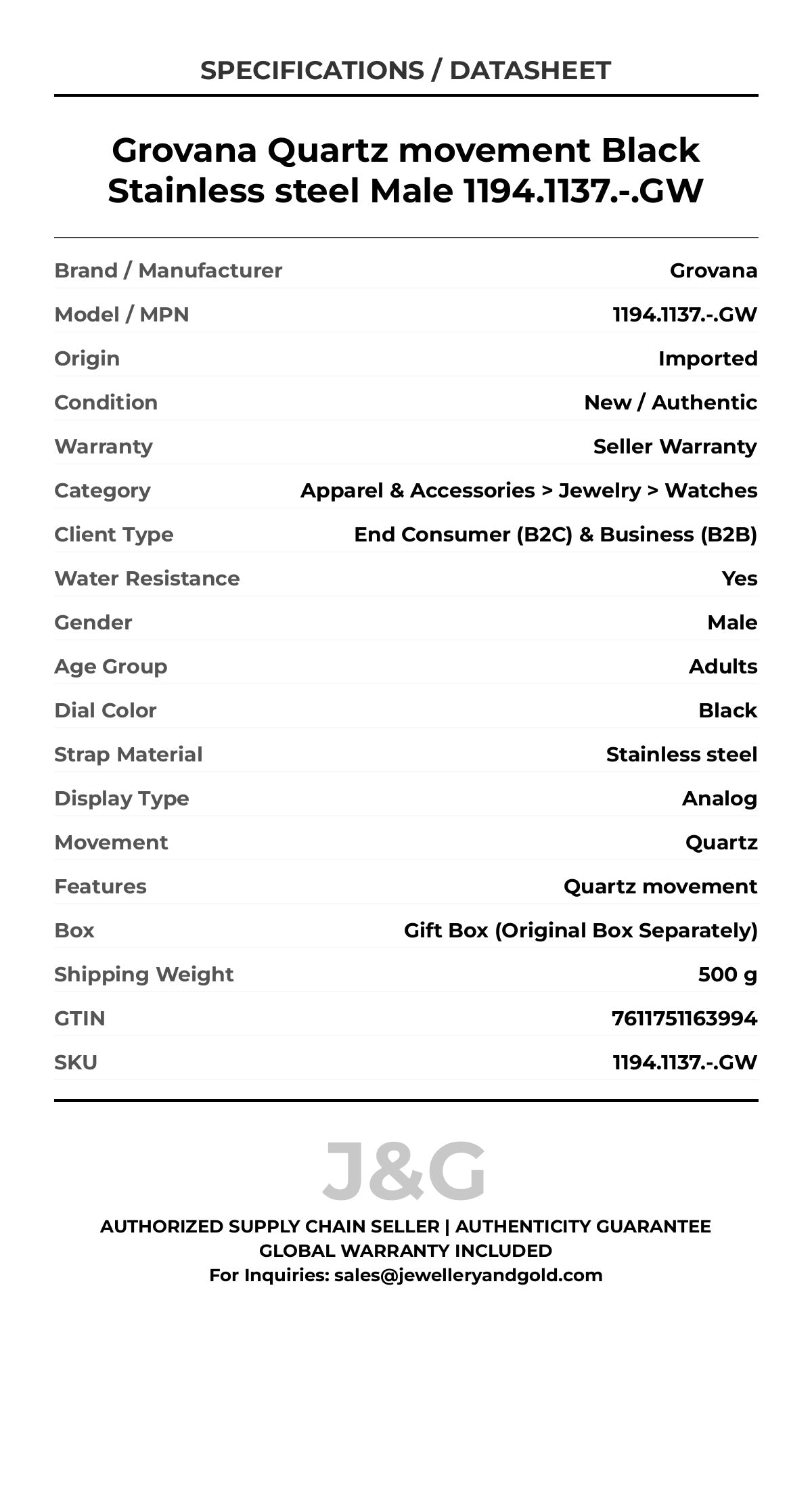 Grovana Quartz movement Black Stainless steel Male 1194.1137.-.GW - Specifications