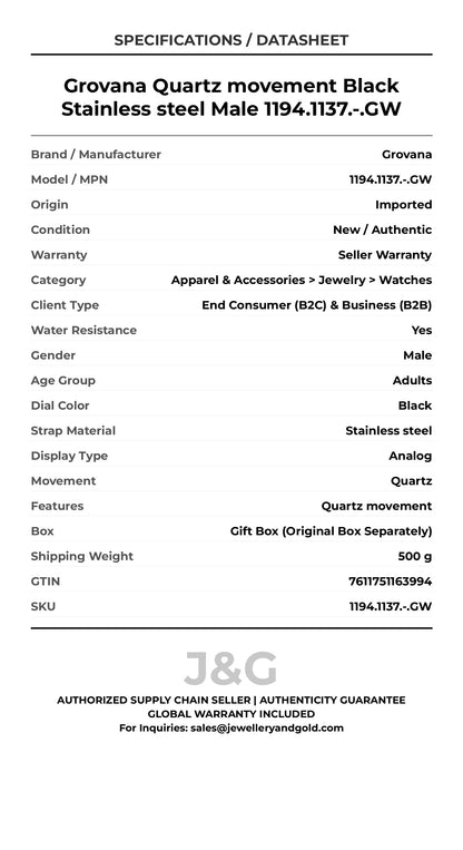 Grovana Quartz movement Black Stainless steel Male 1194.1137.-.GW - Specifications