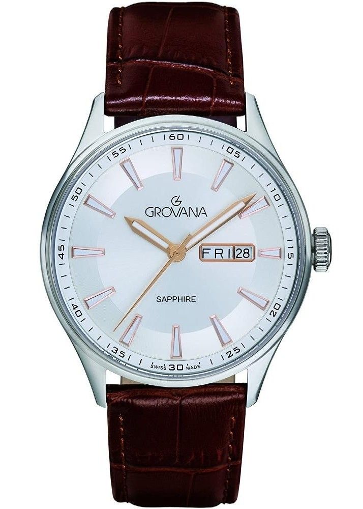 Grovana Quartz movement Silver Leather Male 1194.1528.-.GW. A brand-new Grovana watch featuring a Silver dial and a Leather strap. Side view.