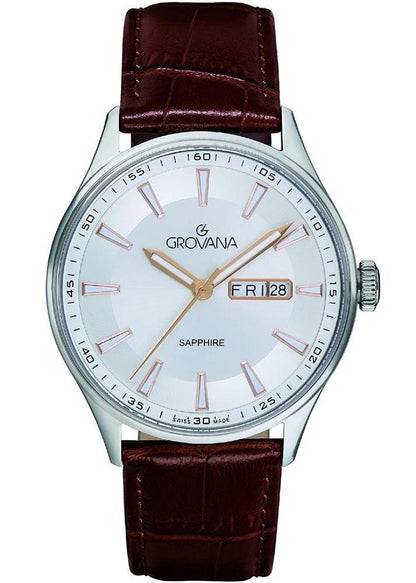 Grovana Quartz movement Silver Leather Male 1194.1528.-.GW. A brand-new Grovana watch featuring a Silver dial and a Leather strap. Side view.
