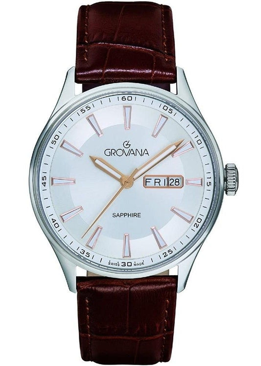 Grovana Quartz movement Silver Leather Male 1194.1528.-.GW. A brand-new Grovana watch featuring a Silver dial and a Leather strap. Side view.
