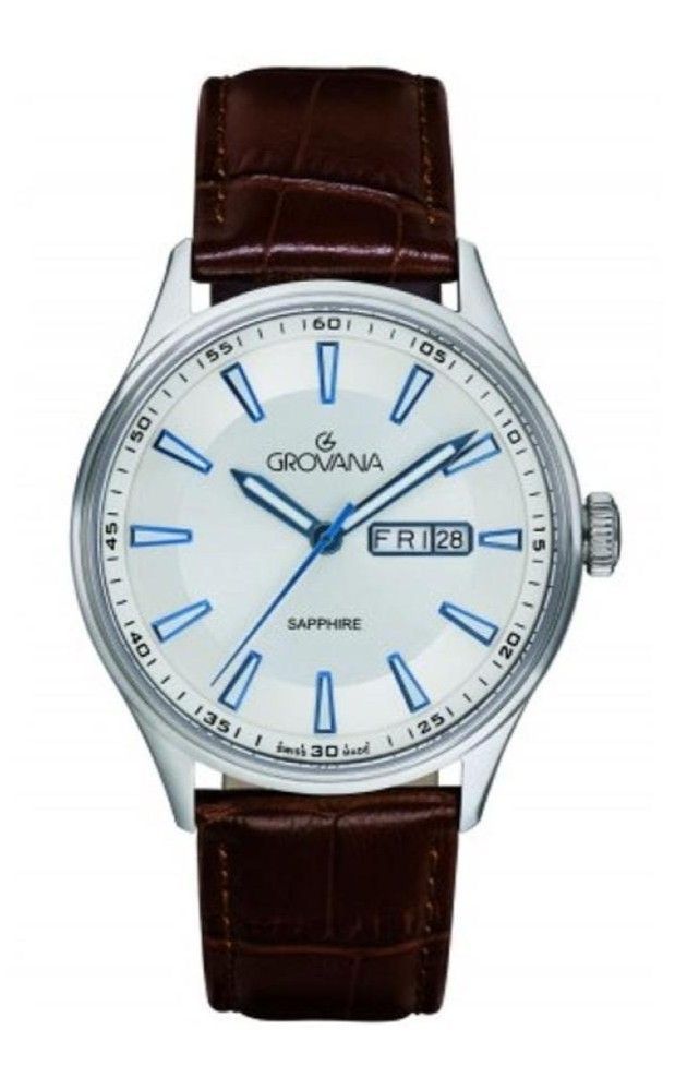 Grovana Quartz movement Silver Leather Male 1194.1532.-.GW. A brand-new Grovana watch featuring a Silver dial and a Leather strap. Angled view.