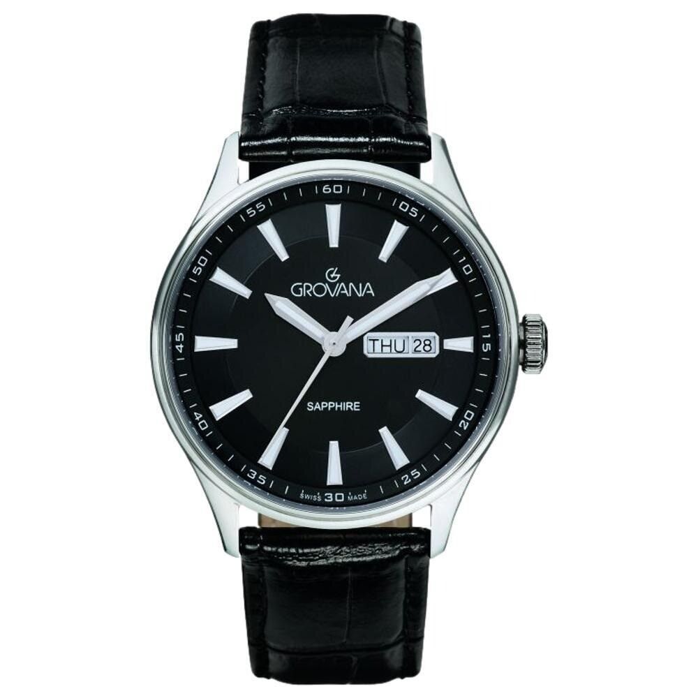 Grovana Quartz movement Black Leather Male 1194.1537.-.GW. A brand-new Grovana watch featuring a Black dial and a Leather strap. Front view.