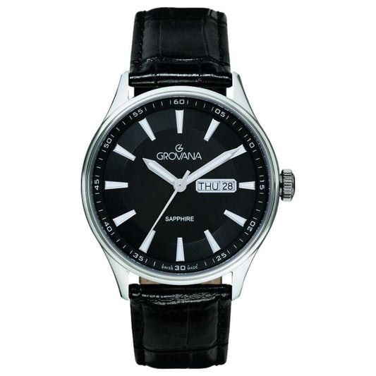 Grovana Quartz movement Black Leather Male 1194.1537.-.GW. A brand-new Grovana watch featuring a Black dial and a Leather strap. Front view.
