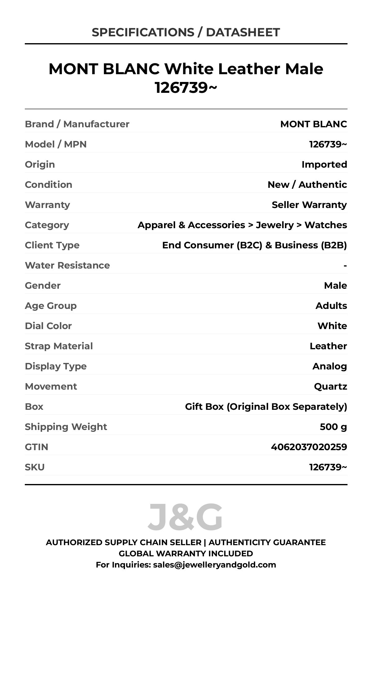 MONT BLANC White Leather Male 126739~ - Specifications