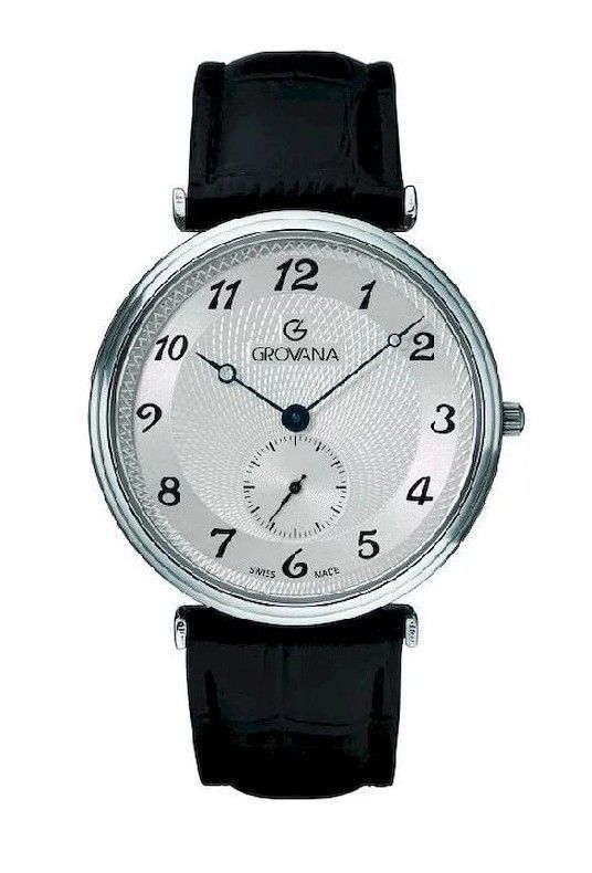 Grovana Quartz movement Silver Leather Male 1276.5532.-.GW. A brand-new Grovana watch featuring a Silver dial and a Leather strap. Side view.
