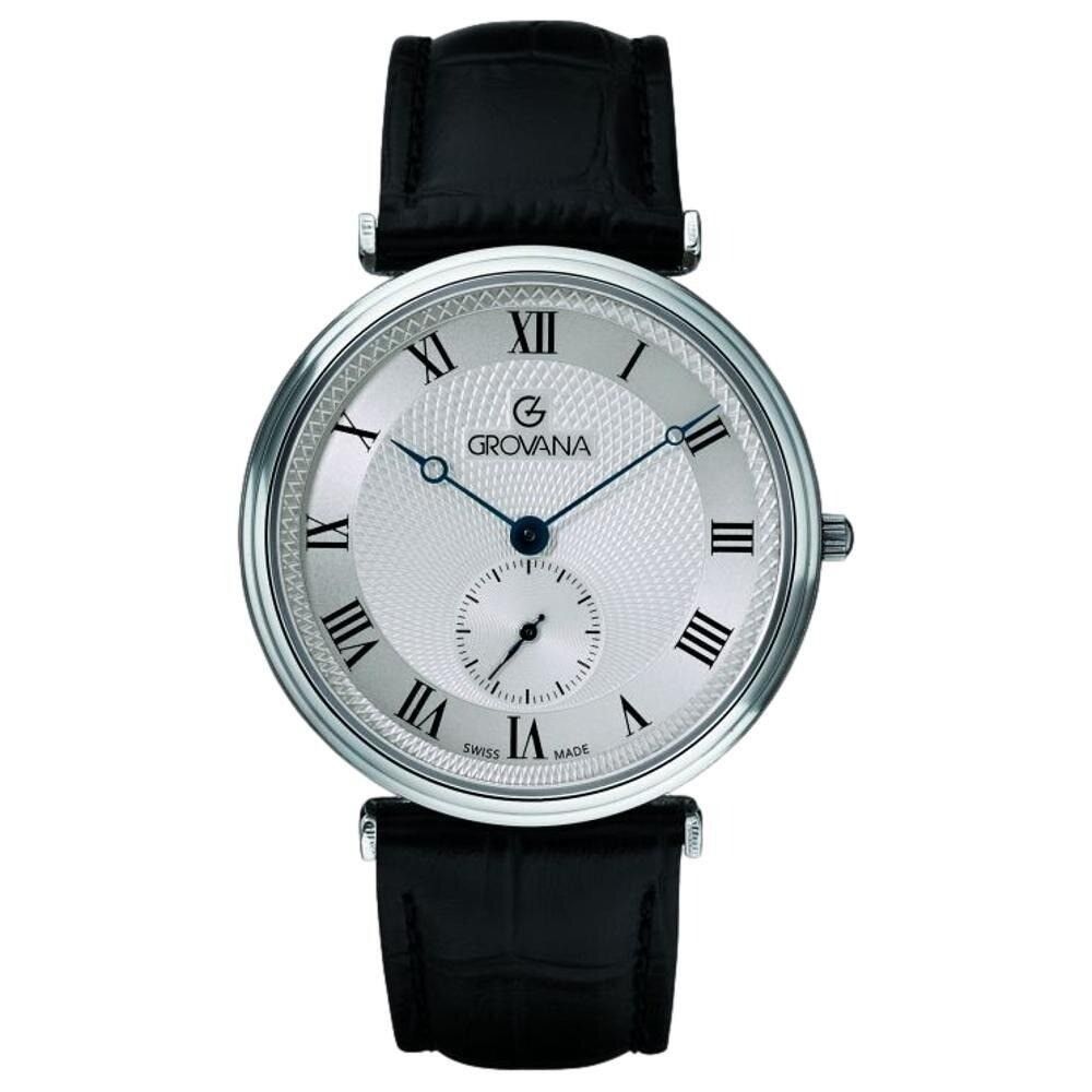Grovana Quartz movement Silver Leather Male 1276.5538.-.GW. A brand-new Grovana watch featuring a Silver dial and a Leather strap. Front view.