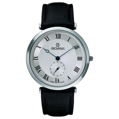 Grovana Quartz movement Silver Leather Male 1276.5538.-.GW. A brand-new Grovana watch featuring a Silver dial and a Leather strap. Front view.