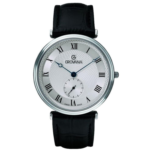 Grovana Quartz movement Silver Leather Male 1276.5538.-.GW. A brand-new Grovana watch featuring a Silver dial and a Leather strap. Front view.