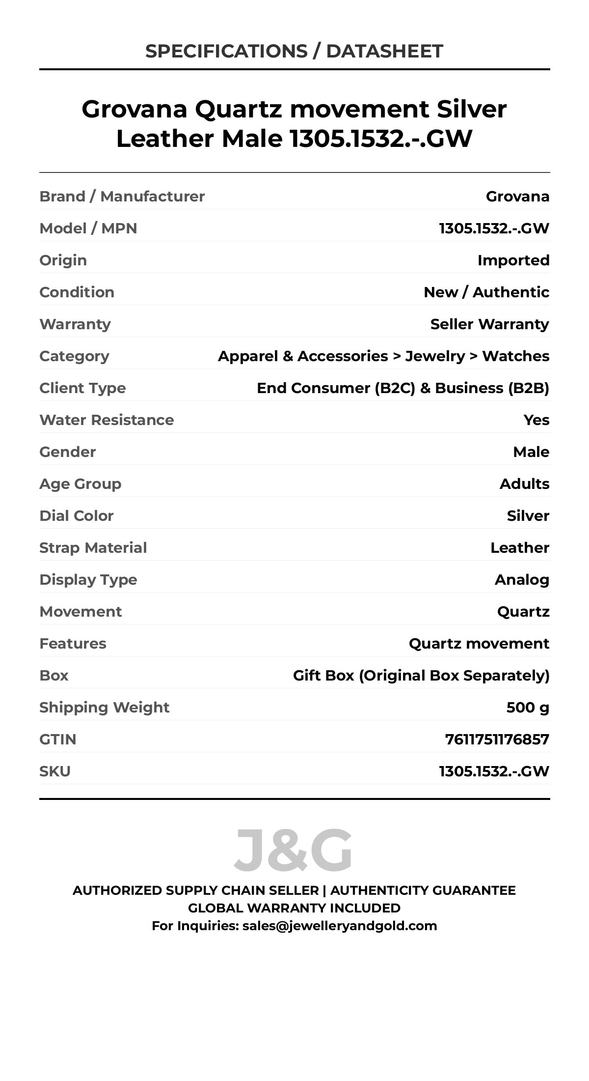 Grovana Quartz movement Silver Leather Male 1305.1532.-.GW - Specifications