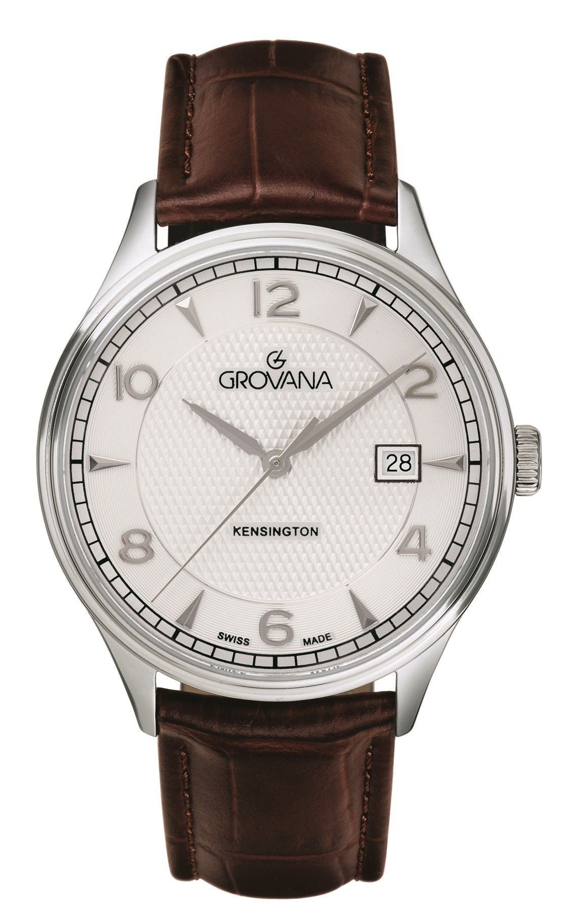 Grovana Quartz movement Silver Leather Male 1305.1532.-.GW. A brand-new Grovana watch featuring a Silver dial and a Leather strap. Angled view.