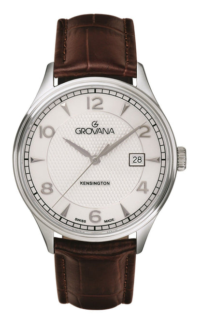 Grovana Quartz movement Silver Leather Male 1305.1532.-.GW. A brand-new Grovana watch featuring a Silver dial and a Leather strap. Angled view.