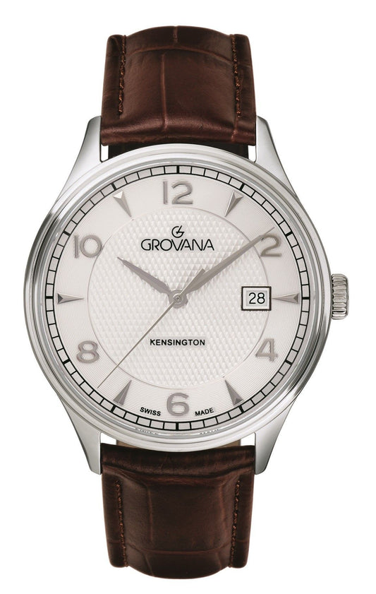 Grovana Quartz movement Silver Leather Male 1305.1532.-.GW. A brand-new Grovana watch featuring a Silver dial and a Leather strap. Angled view.