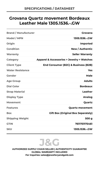 Grovana Quartz movement Bordeaux Leather Male 1305.1536.-.GW - Specifications