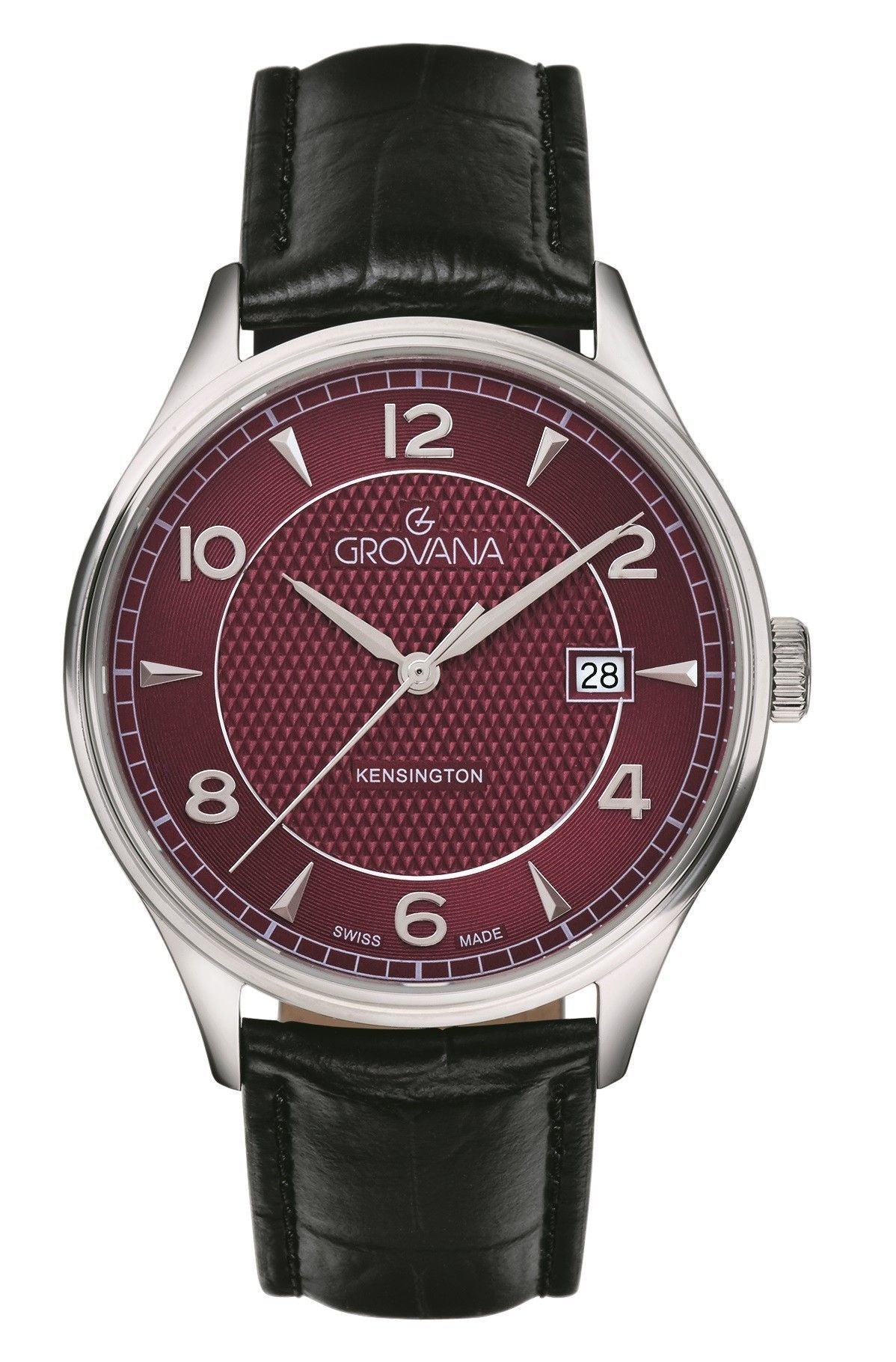 Grovana Quartz movement Bordeaux Leather Male 1305.1536.-.GW. A brand-new Grovana watch featuring a Bordeaux dial and a Leather strap. Angled view.