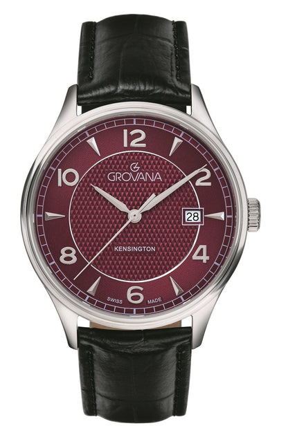 Grovana Quartz movement Bordeaux Leather Male 1305.1536.-.GW. A brand-new Grovana watch featuring a Bordeaux dial and a Leather strap. Angled view.