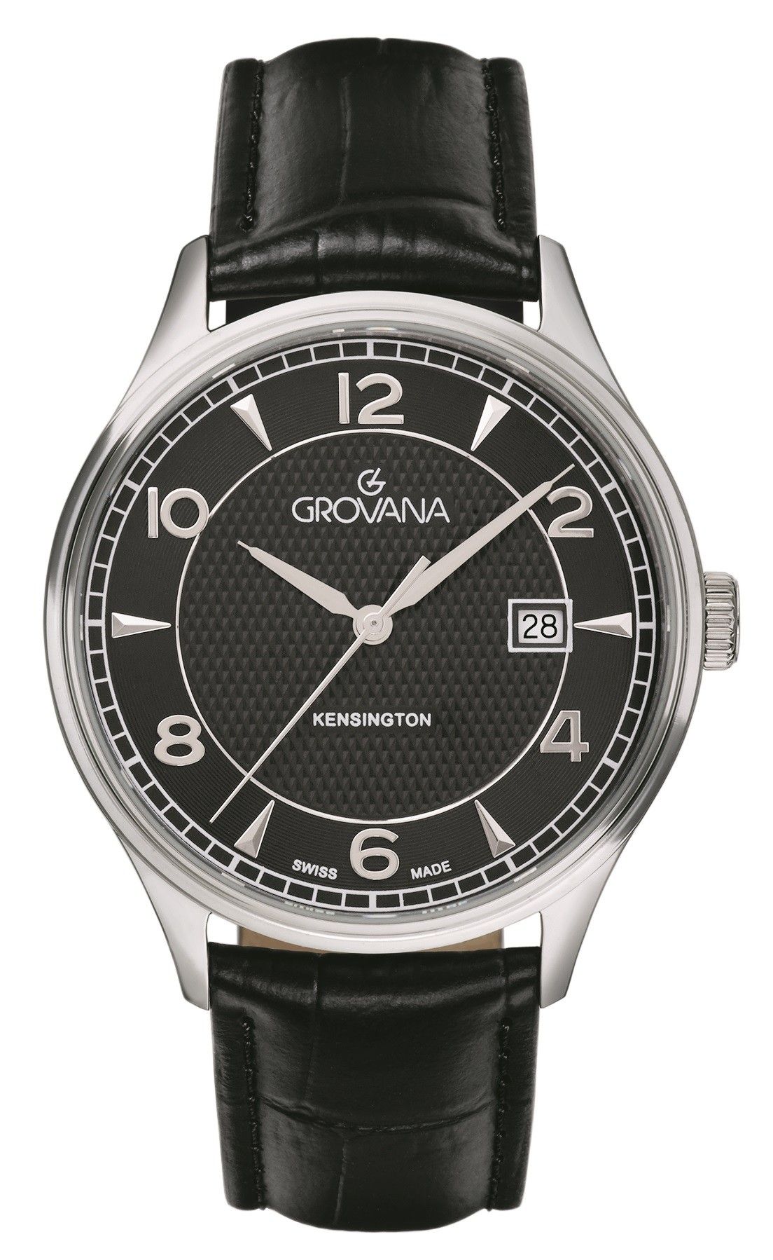 Grovana Quartz movement Black Leather Male 1305.1537.-.GW. A brand-new Grovana watch featuring a Black dial and a Leather strap. Front view.