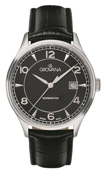 Grovana Quartz movement Black Leather Male 1305.1537.-.GW. A brand-new Grovana watch featuring a Black dial and a Leather strap. Front view.