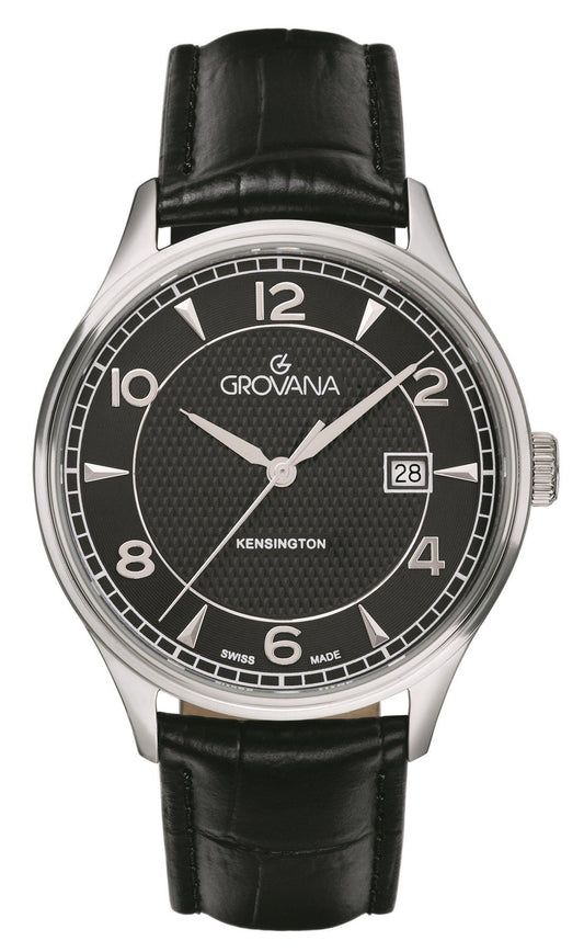 Grovana Quartz movement Black Leather Male 1305.1537.-.GW. A brand-new Grovana watch featuring a Black dial and a Leather strap. Front view.