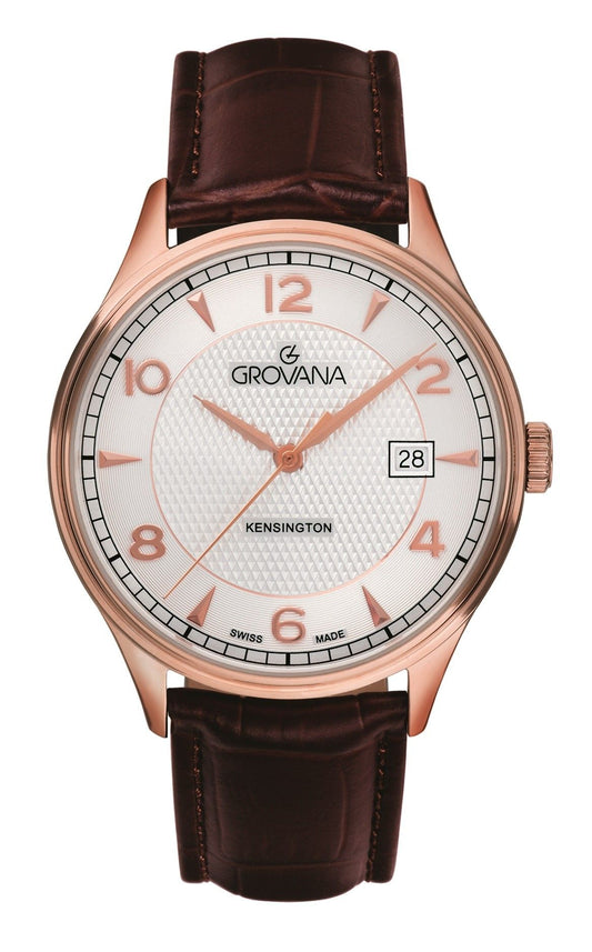 Grovana Quartz movement Silver Leather Male 1305.1562.-.GW. A brand-new Grovana watch featuring a Silver dial and a Leather strap. Angled view.